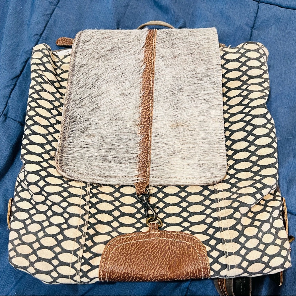 Myra Bag Honey Bee Cowhide & Upcycled Canvas Backpack